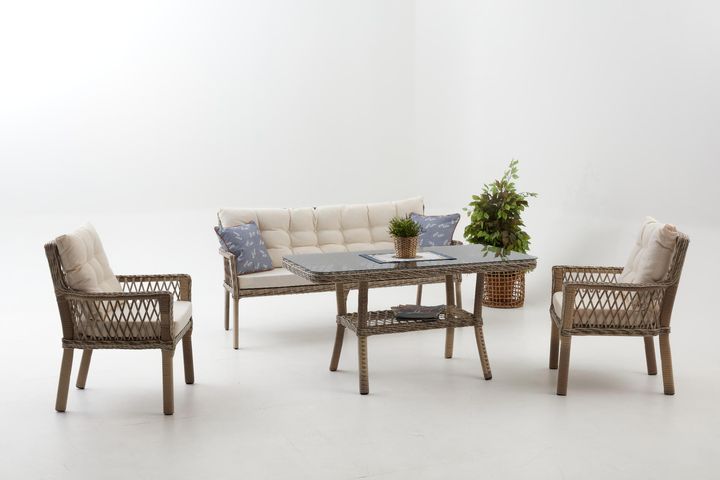 Pirus Rattan 3+1+1 Tuinloungeset, Beige