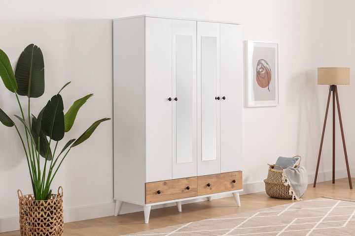 Belloir Kledingkast met 4 Deuren en 2 Lades, Wit en Pijnboom