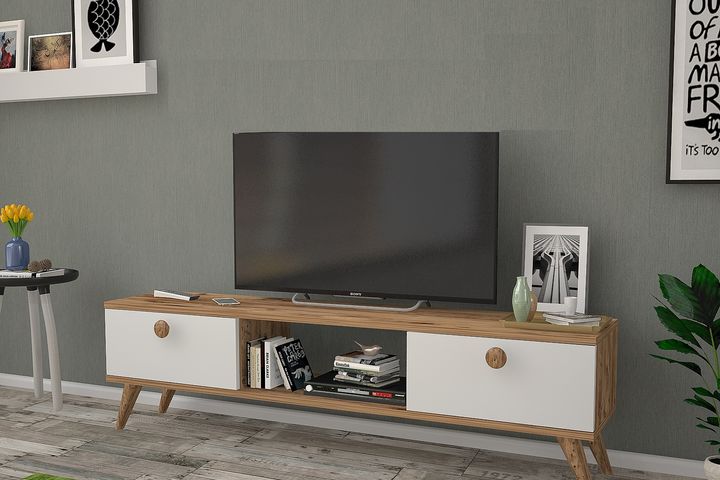 Eleanor TV-Meubel met Houten Poten, 140 cm, Pijnboom & Wit