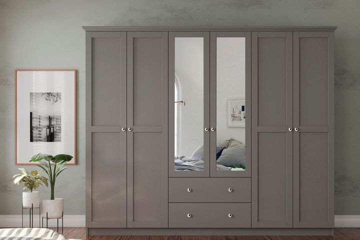 Zenio Side 6 Door Wardrobe with Mirror, Grey