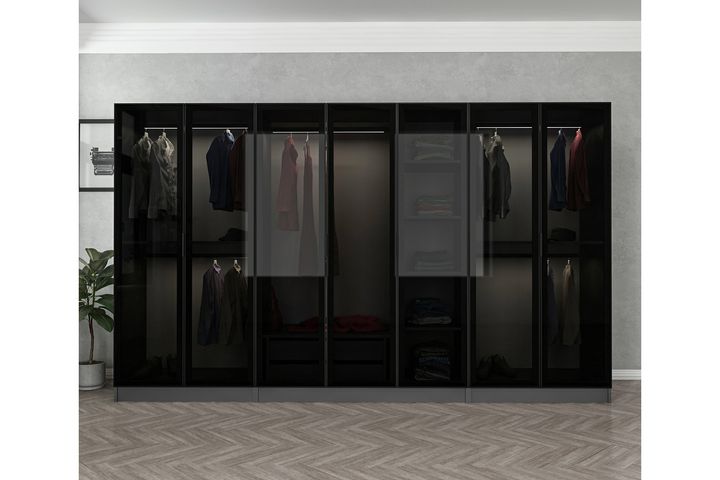 Medway Tideway Garderobe met 7 Glazen Deuren en 2 Laden, 210 cm, Antraciet en Zwart