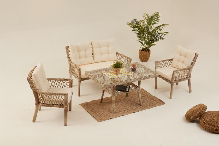 Pirus Rattan 2+1+1 Tuinloungeset, Beige