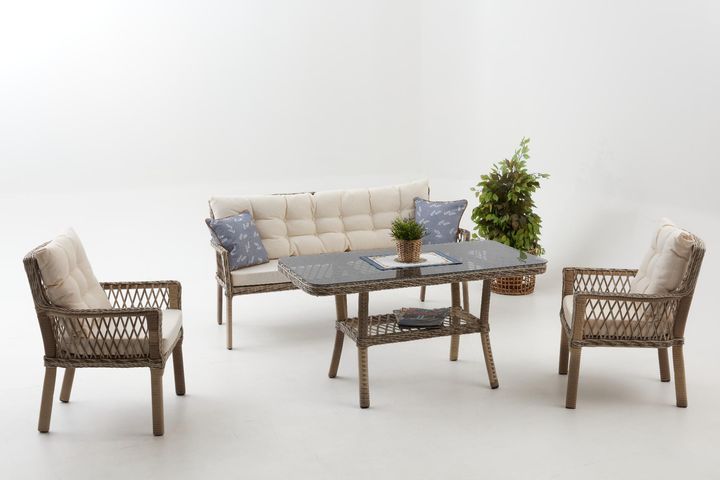 Pirus Rattan 3+1+1 Tuinloungeset, Beige