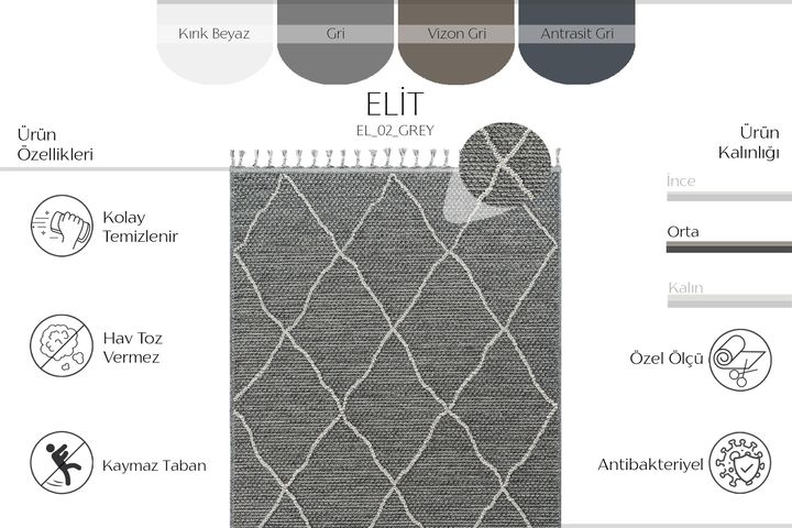 Elite Elle Machinetapijt, 80x250 cm, Grijs, 02