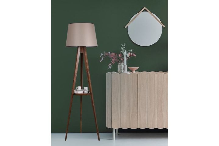 Warrick Houten Vloerlamp met Driepoot & Rek, Beige & Bruin