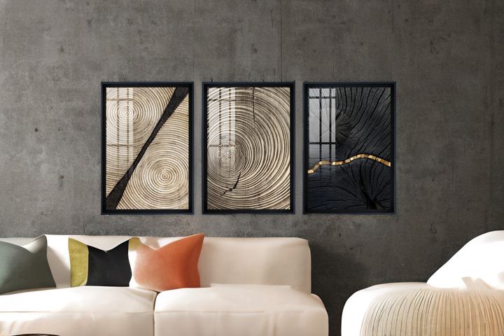 Tree Section Art Print with Frame, Triptych, Black
