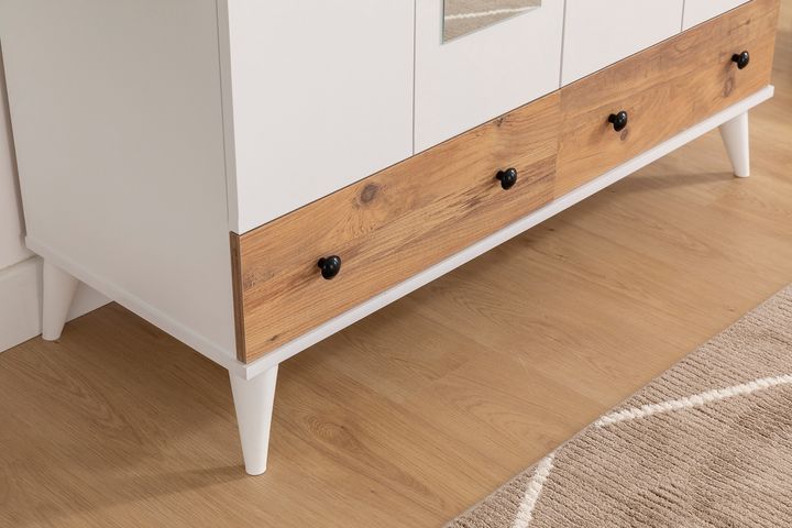 Belloir Kledingkast met 4 Deuren en 2 Lades, Wit en Pijnboom