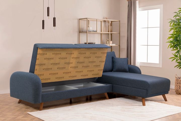 Hera Hoekbank met slaapfunctie met dubbel opslagruimte, Donkerblauw