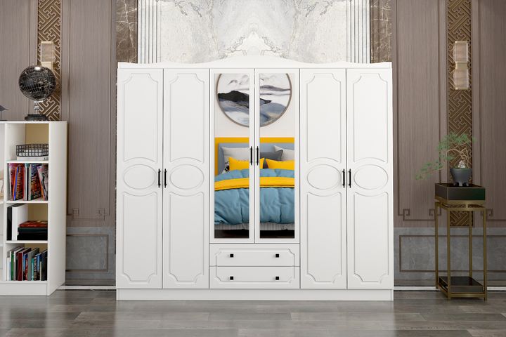 Kira Kleiderschrank mit 6 Türen und 2 Schubladen, Weiß