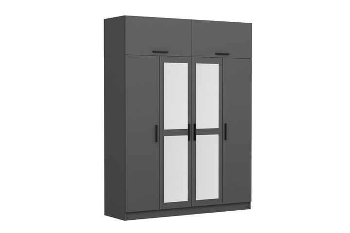 Medway Kledingkast met 4 Deuren, Bovenkast & Spiegel, 210 cm, Antraciet