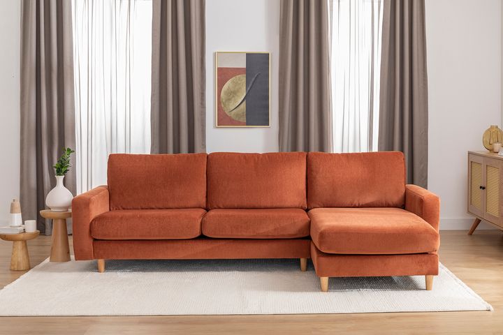 Merlin Mini Hoekbank, Natuurlijke Poten, Dunne Armleuning, Fluwelen , Steenrood