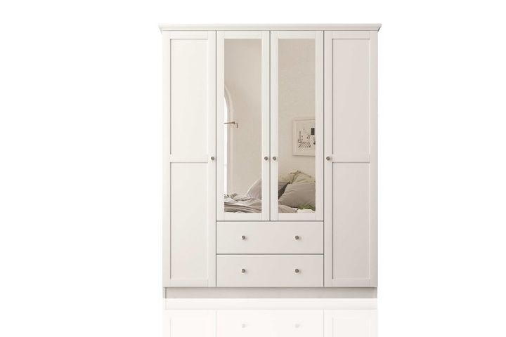 Zenio Side 4 Door 2 Drawers Wardrobe With Mirror, White
