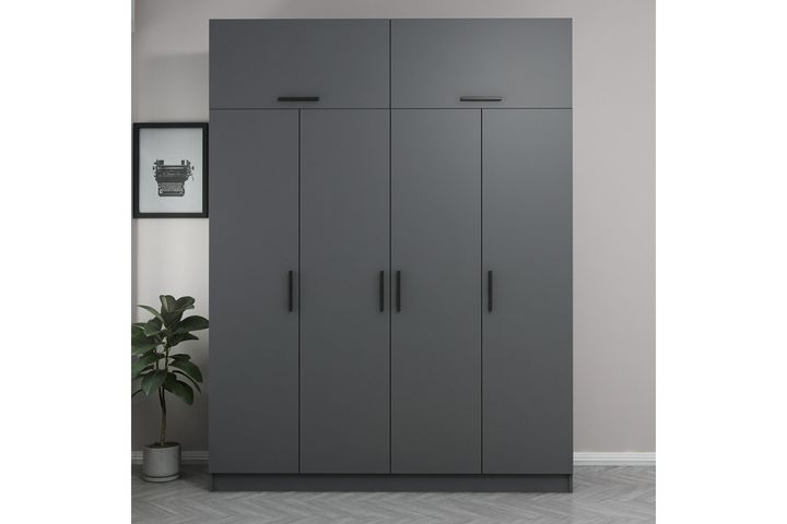 Medway Kledingkast met 4 Deuren en Bovenkast, 210 cm, Antraciet