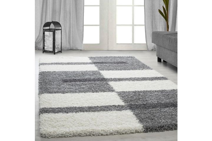 Quadrat Shaggy Teppich Gestreift, 280x370 cm, Grau & Weiß 
