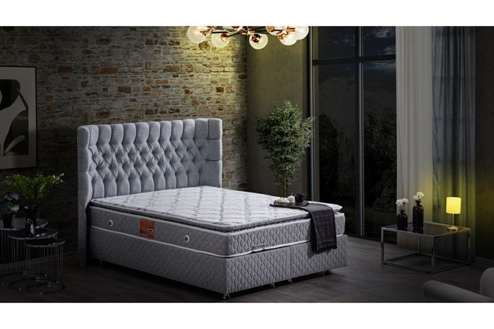 Napoli Box, Hoofdbord En Real Matras Met Pad, Lichtgrijs, 160X200