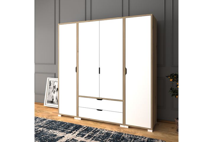 Manorala Kledingkast met 4 Deuren & 2 Lades, Wit & Eik