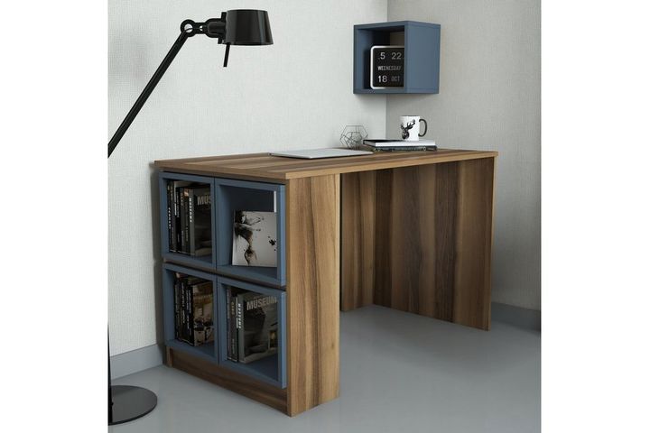 Box Study Desk, Walnut & Blue | Vivense London