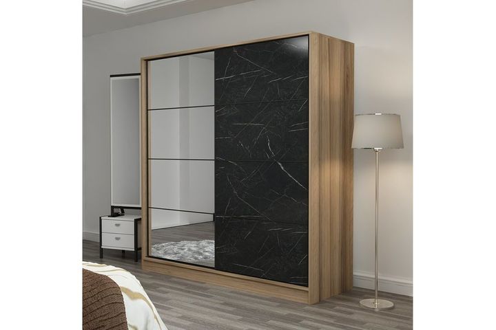 Medway Kledingkast met Schuifdeuren en Spiegel 180 cm, Walnoot en Marmer