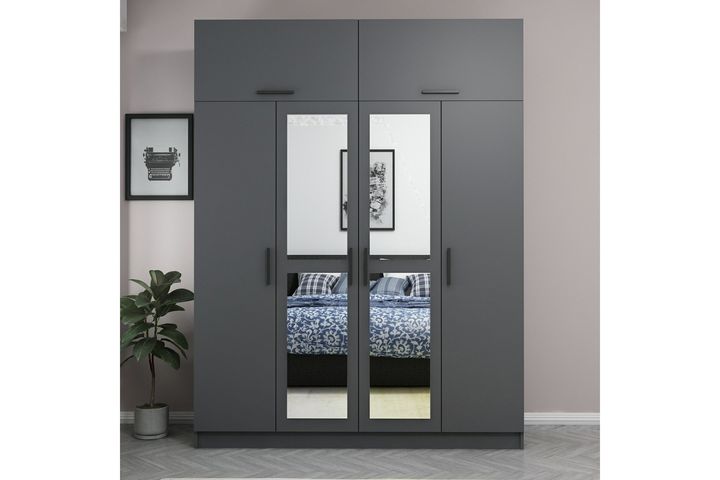 Medway Kledingkast met 4 Deuren, Bovenkast & Spiegel, 210 cm, Antraciet