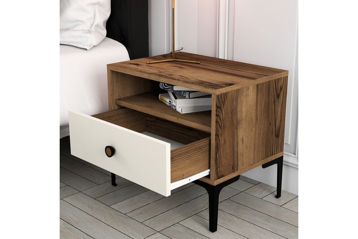 Lissabon Bedside Table, Walnut & Cream