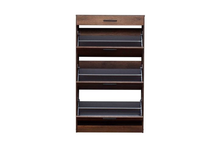 Flat Shoe Storage Cabinet With Pull Down Doors And Drawer, Walnut