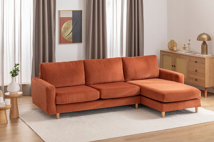 Merlin Mini Hoekbank, Natuurlijke Poten, Dunne Armleuning, Fluwelen , Steenrood