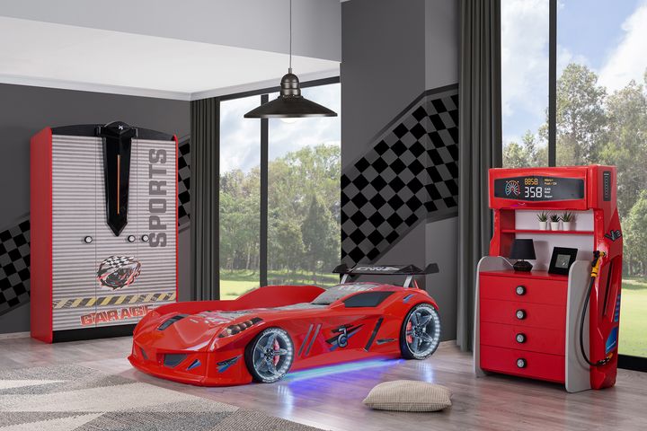 SPORTS ÇOCUK ODASI TAKIMI - KIRMIZI JAGUAR ARABALI YATAK