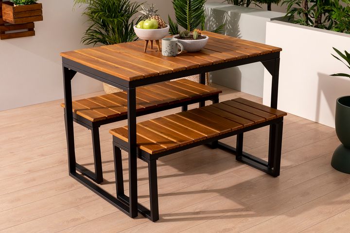 Zenio Garden Table, 80 x 150 cm, Light Wood & Black