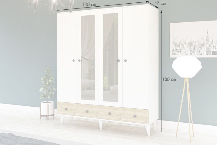 Belloir Kledingkast met 4 Deuren en 2 Lades, Wit en Pijnboom