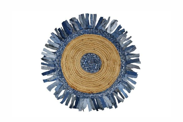 Gizzy Runder Jute-Teppich mit Fransen, 90x90 cm, Blau