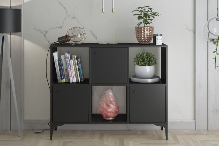 Orbit Multifunctionele Kast met 3 Deuren en Metalen Poten, Zwart