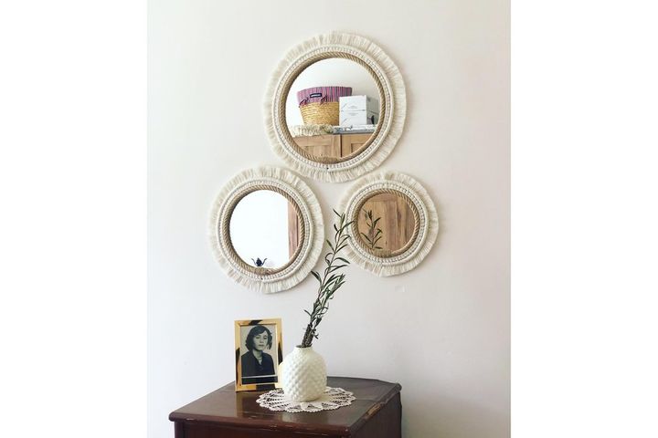 Macrame Boho Wall Mirror, Large, Ecru