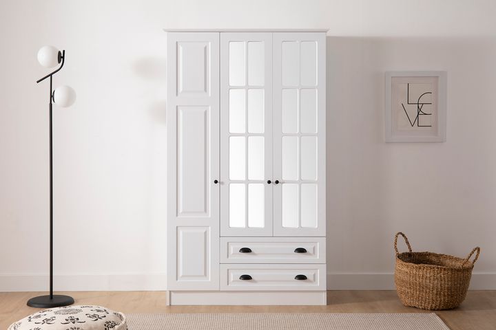 Knidos Kleiderschrank mit 3 Türen und 2 Schubladen, Weiß