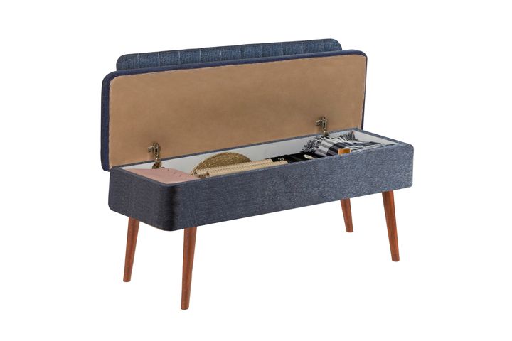 Vina Opbergbank Gestoffeerd, Walnoot & Donkerblauw