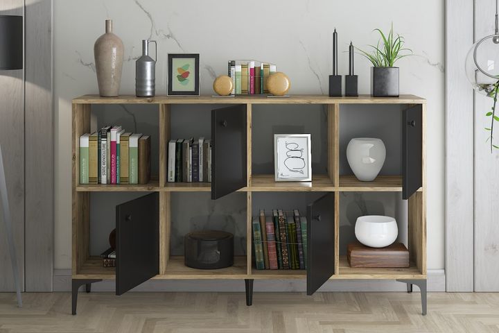 Saturn Multifunctionele Kast met 4 Deuren en Metalen Poten, Pijnboomhout en Zwart