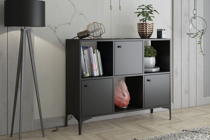 Orbit Multifunctionele Kast met 3 Deuren en Metalen Poten, Zwart