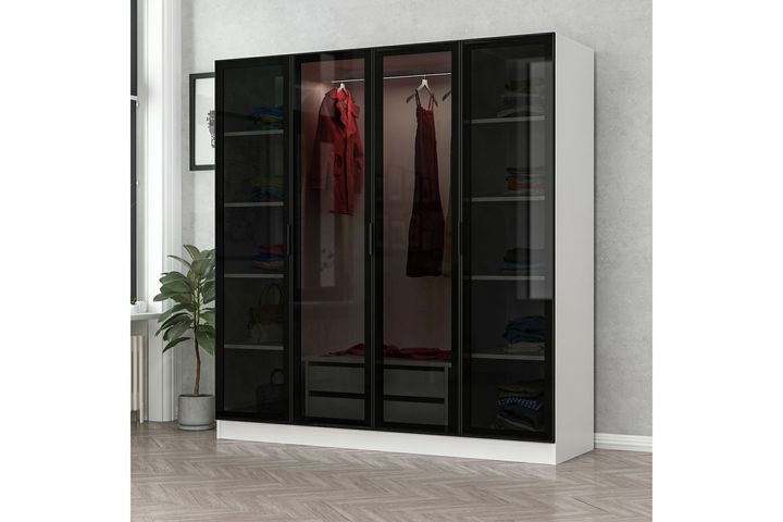 Medway Tideway Kledingkast met 4 Deuren en 2 Lades, 190 cm, Wit en Zwart