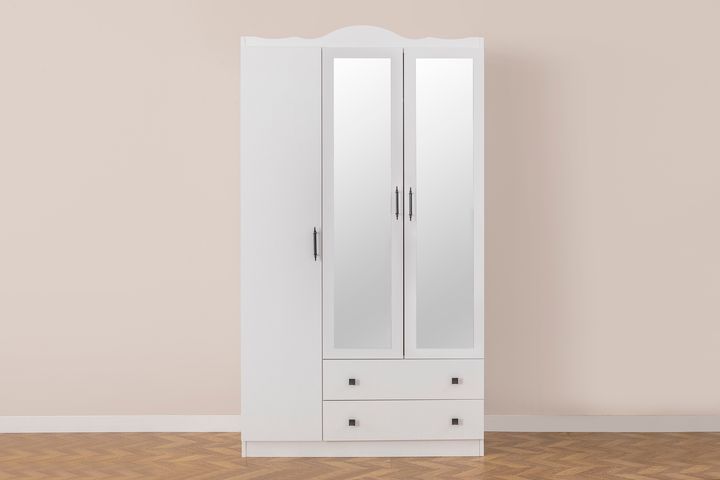 Lavinia Kleiderschrank mit 3 Türen, 2 Schubladen, und Spiegel, Weiß
