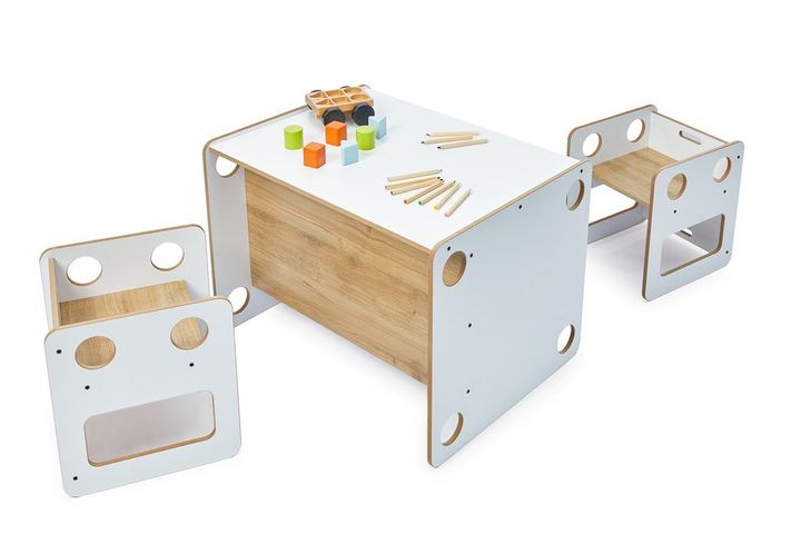 Adam Children's Montessori 2 Stools and Table Set, 0-6 Years, White & Light Wood