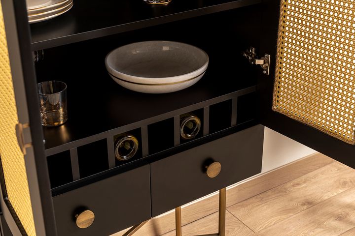 Cliff Rattan Cabinet, Black & Brass