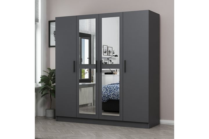Medway Tideway Kledingkast met 4 Deuren, 2 Lades en Spiegel, 190 cm Antraciet