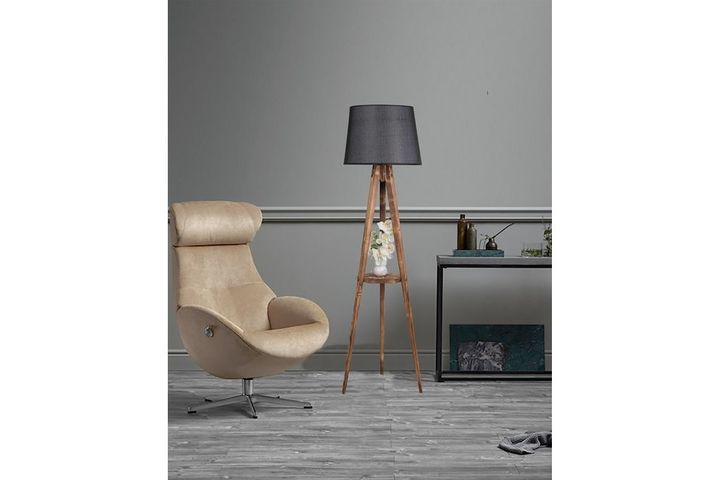 Francesca Driepoot Vloerlamp met Rek, Zwart en Pijnboomhout