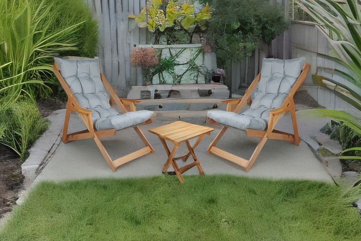 Bysay Klappbares Gartenliege-Set aus Holz mit Armlehnen, 3 Tlg, Grau & Naturfarbe