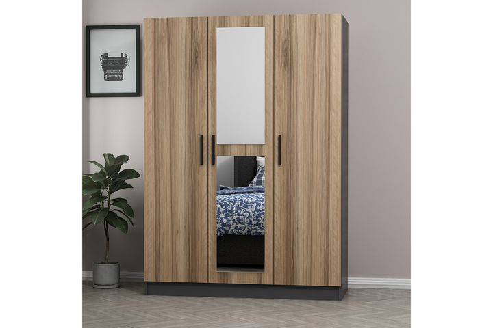 Medway Tideway Kledingkast met 3 Deuren, 2 Lades en Spiegel, 190 cm, Antraciet en Walnoot