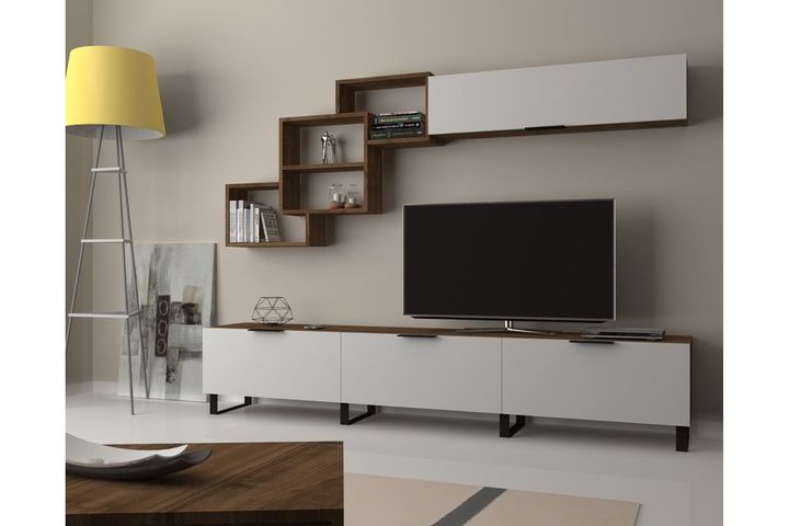 Losta TV-Möbel mit Metallfüßen, Weiß & Nussbaum