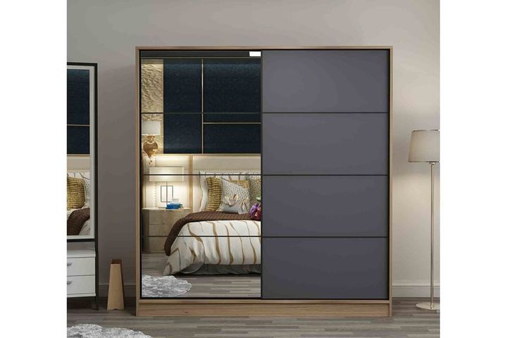 Medway Kledingkast met Schuifdeuren en Spiegel, 180 cm, Walnoot en Antraciet