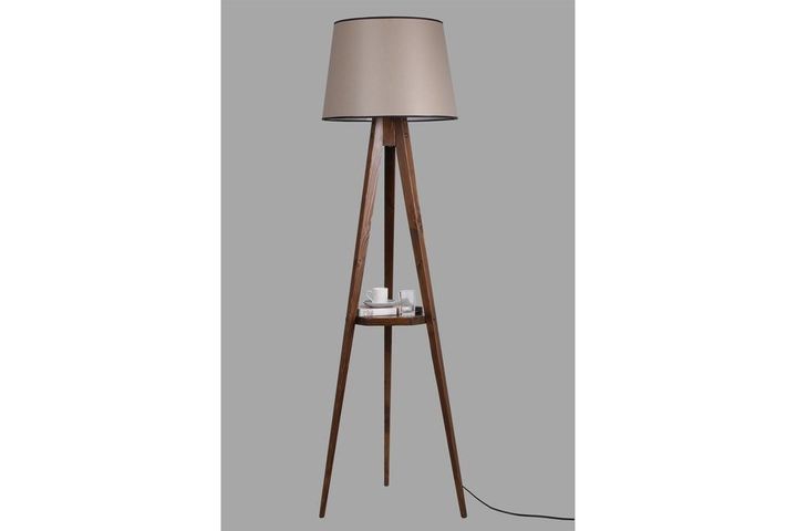 Warrick Houten Vloerlamp met Driepoot & Rek, Beige & Bruin