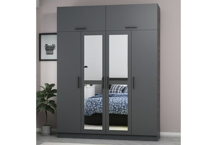 Medway Kledingkast met 4 Deuren, Bovenkast & Spiegel, 210 cm, Antraciet