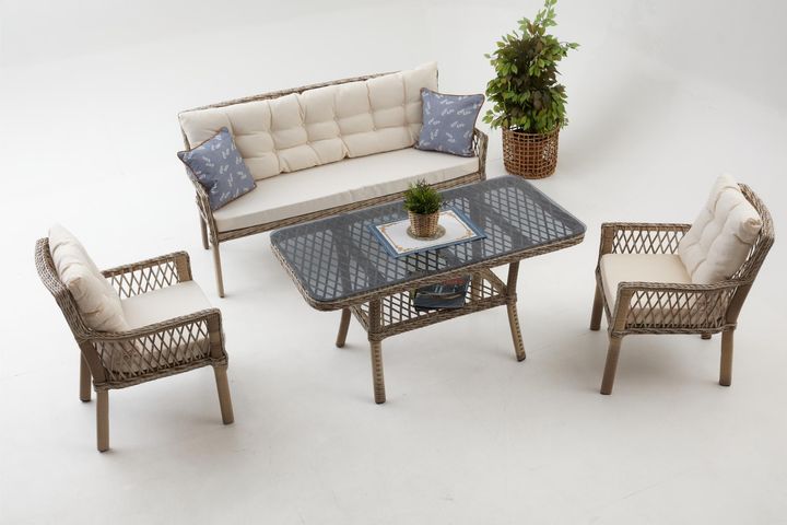 Pirus Rattan 3+1+1 Tuinloungeset, Beige