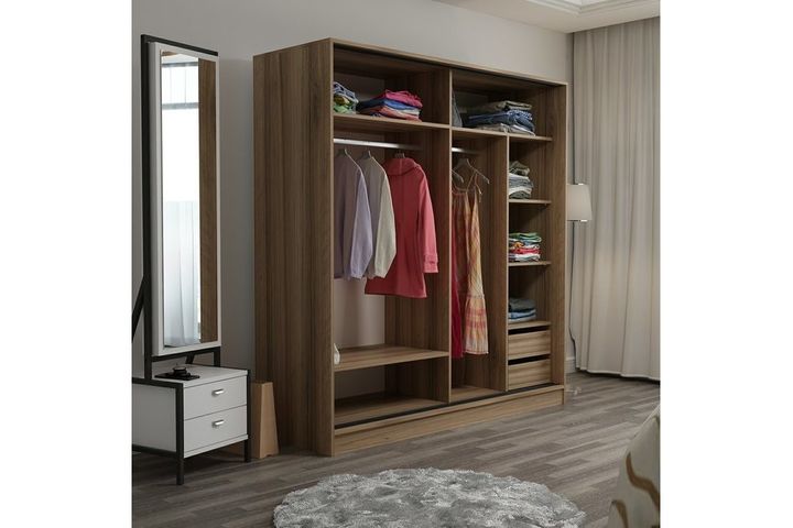 Medway Kledingkast met Schuifdeuren, 180 cm, Zwart en Walnoot